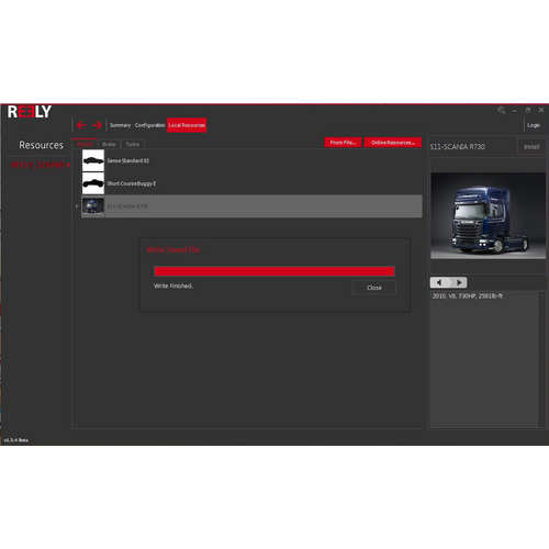 'REELY SOUND' Software-Benutzeroberfläche zeigt ein Scania-R730-LKW-Bild. Optionen für Sounddatei-Auswahl und Verwaltungstools vorhanden.